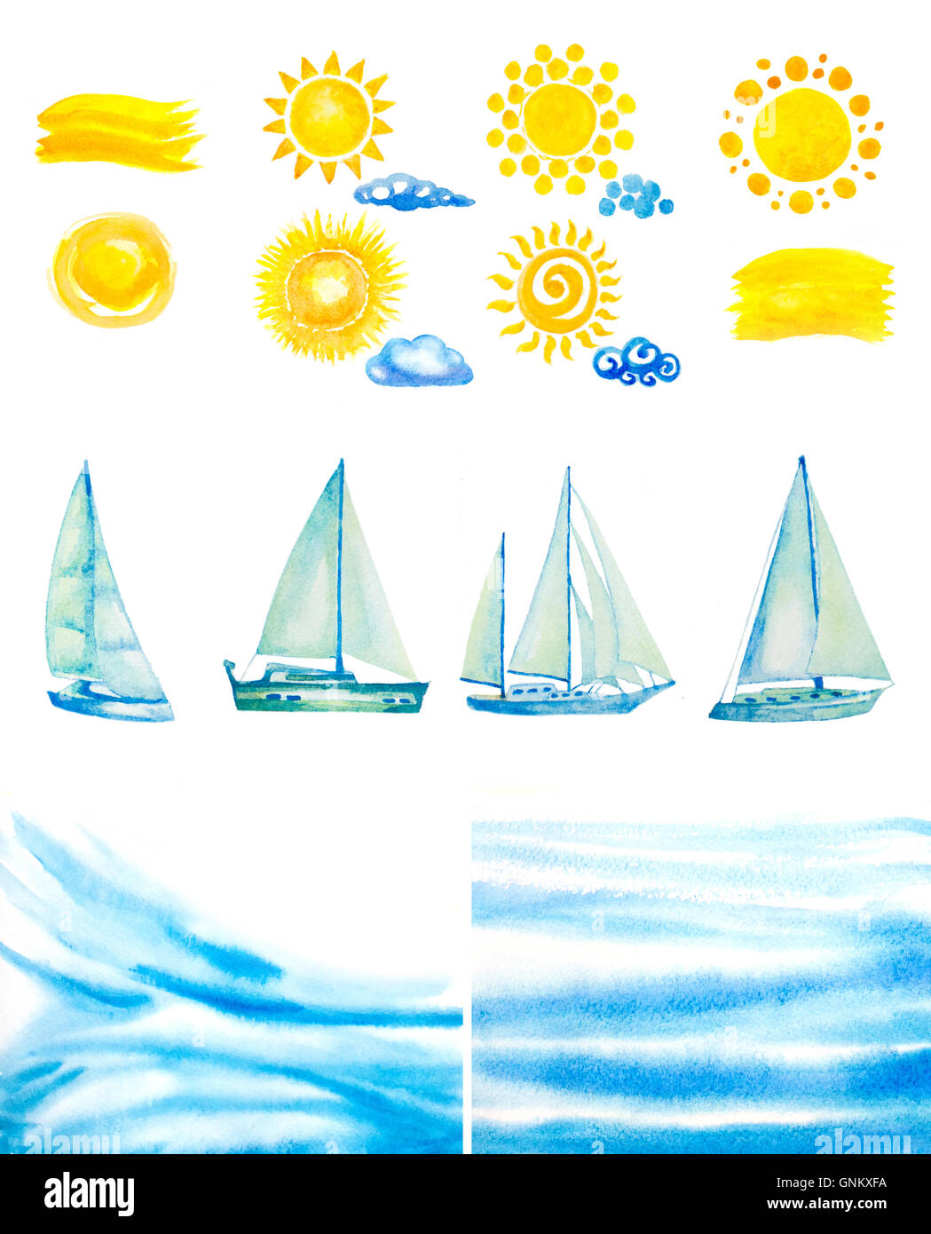 set of watercolor sun,clouds,yachts,abstract water waves Stock Photo