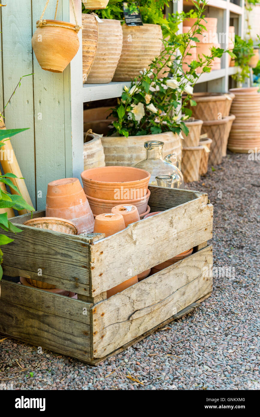 Image of a selection of plant pots and other garden supplies. Stock Photo
