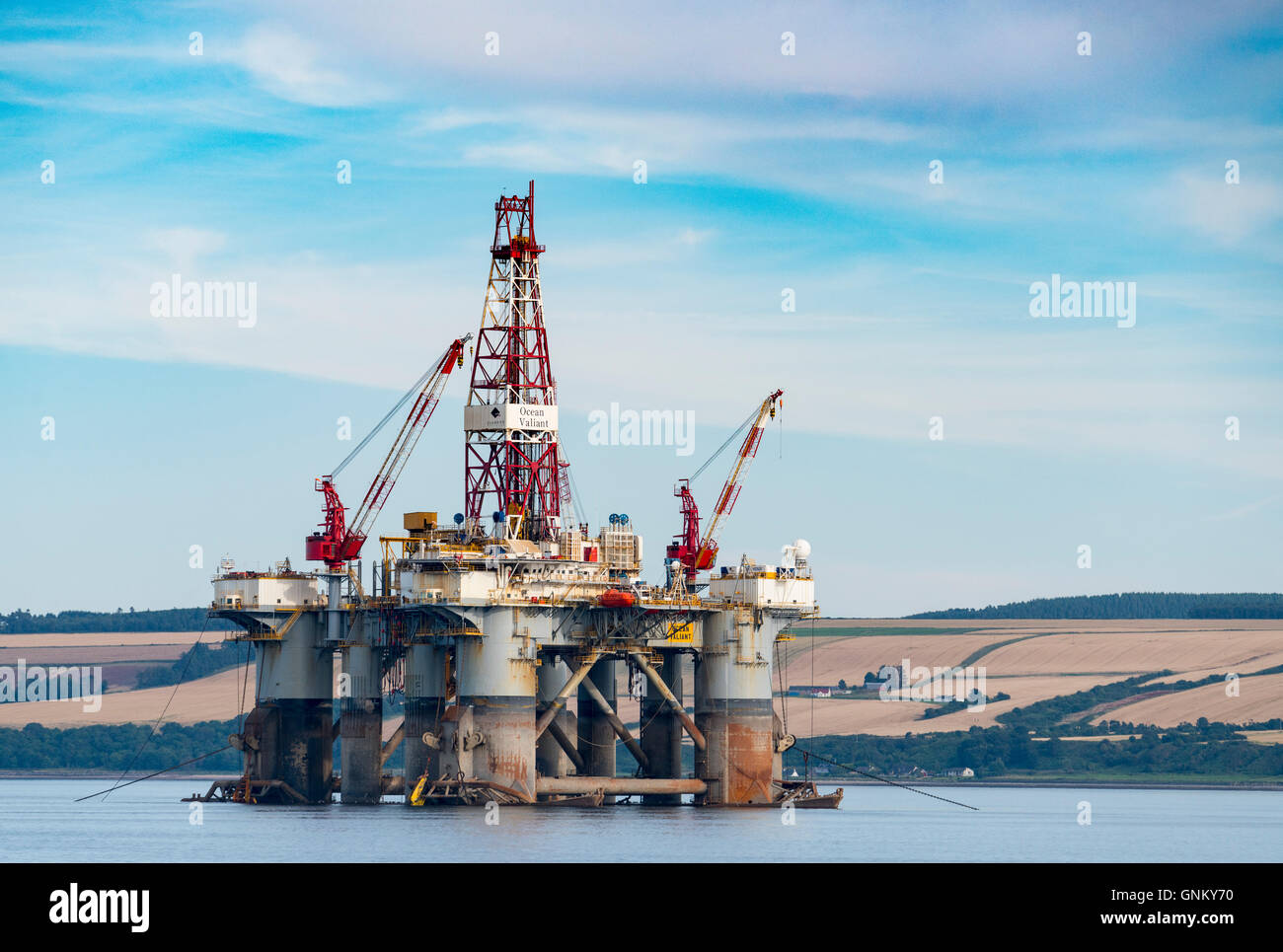 Oil rig/ drilling platform moored in Cromarty Firth in Ross and Cromarty, Highland, Scotland, United Kingdom Stock Photo