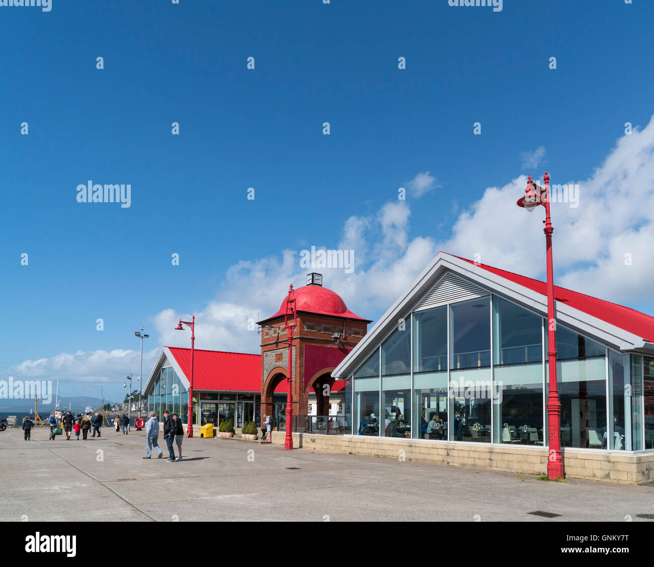 Cafes and Ee-Usk restaurant on North Pier in harbour at Oban , Argyll and Bute, Scotland, United Kingdom Stock Photo