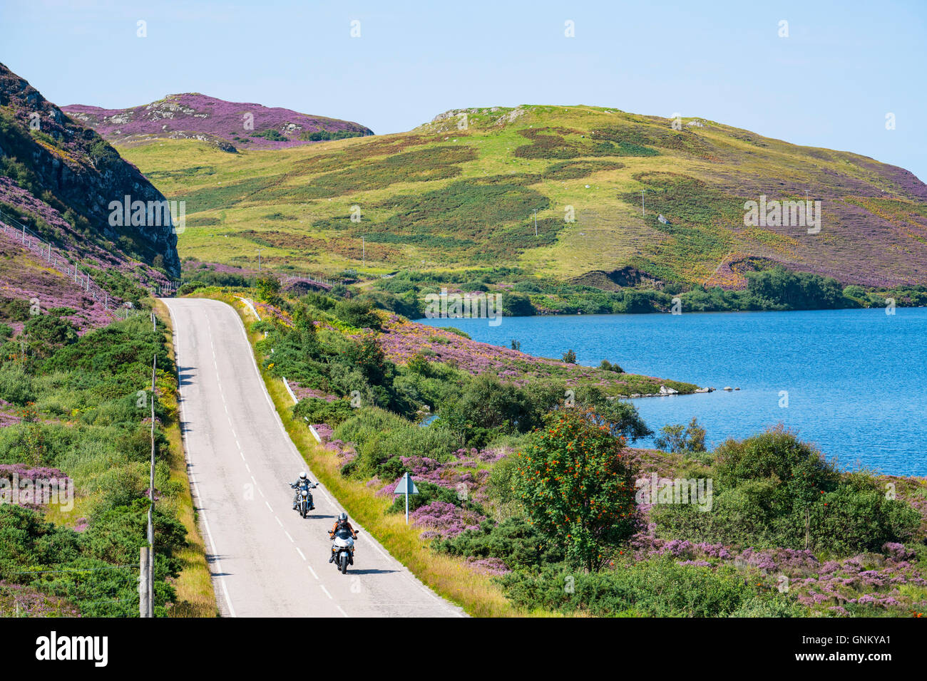 Remote highway A894 part of North Coast 500 tourist route, in Highland Region, near Scourie north Scotland in summer,United King Stock Photo