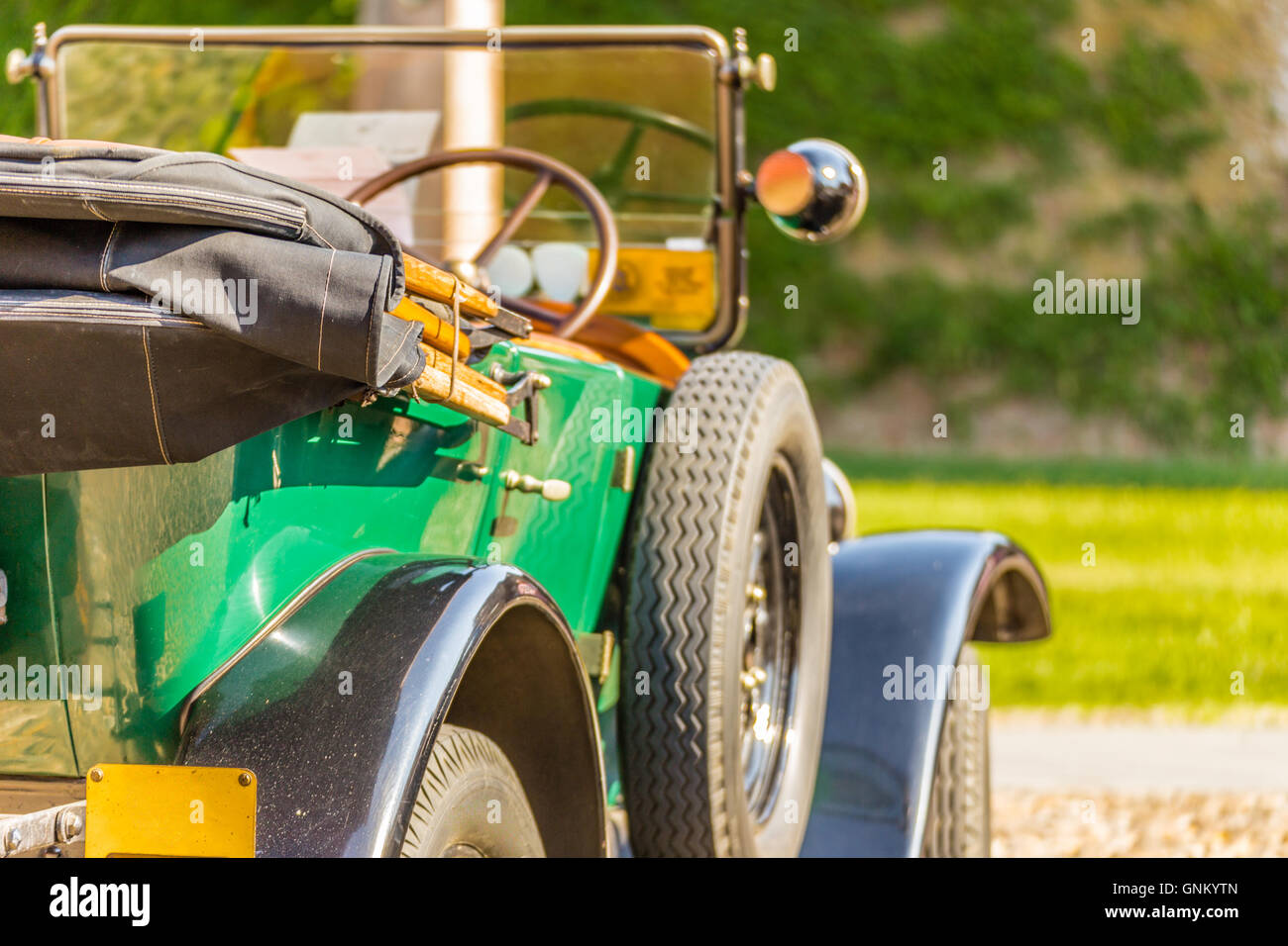 view from behind of the sinuous line of the bodywork of vintage car Stock Photo