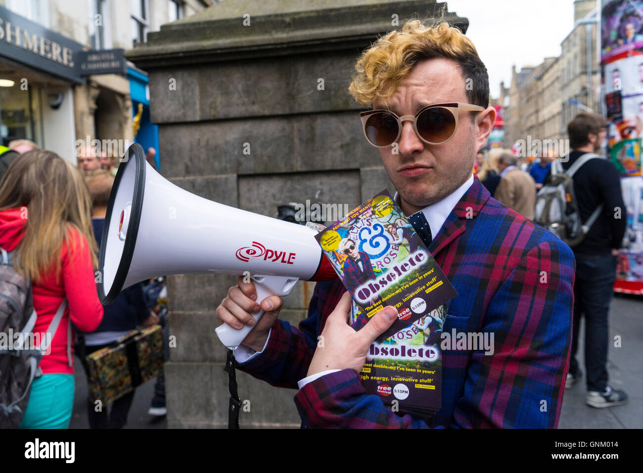 Actor promoting his theatre show on  High Street during Edinburgh Fringe Festival 2016 in Scotland , United Kingdom Stock Photo