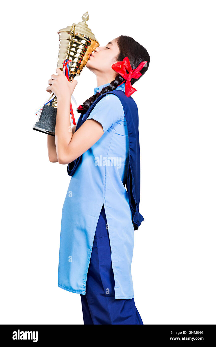 1 Young Teenager Girl Rural School Student Victory Kissing Trophy Stock Photo