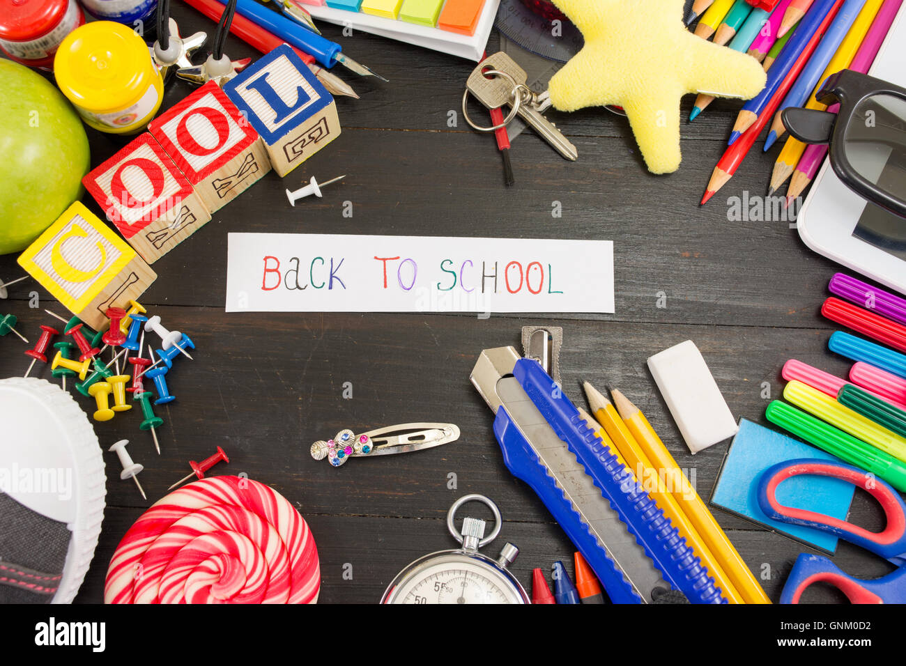 Creative learning objects on a wooden table Stock Photo