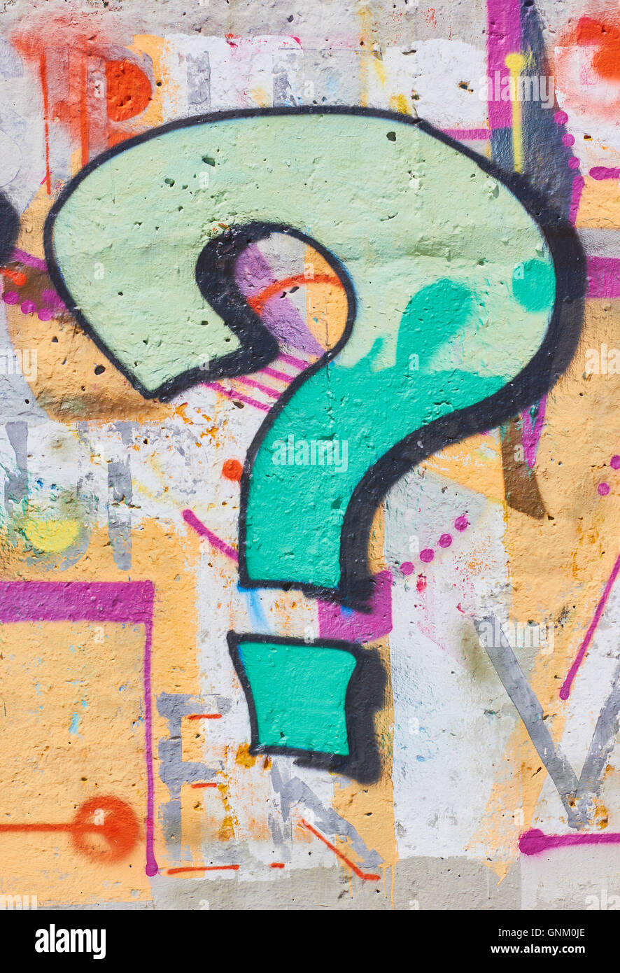 Urban graffiti of a giant question mark on concrete wall Sevastopol Crimea Stock Photo