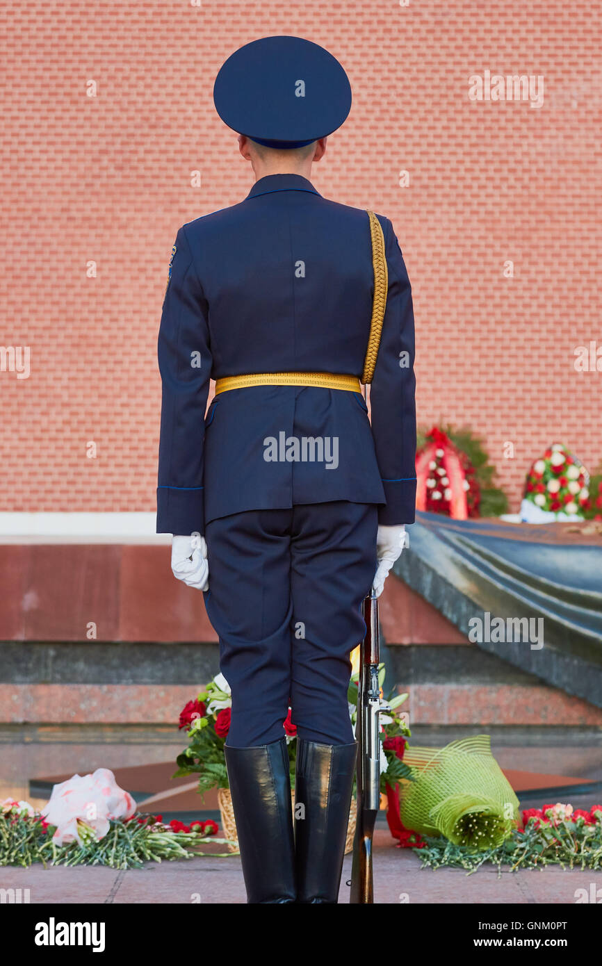 Back view of Soldier of the Kremlin or Presidential Regiment on duty at the Tomb of the Unknown Soldier, Alexander Garden, Moscow, Russia Stock Photo