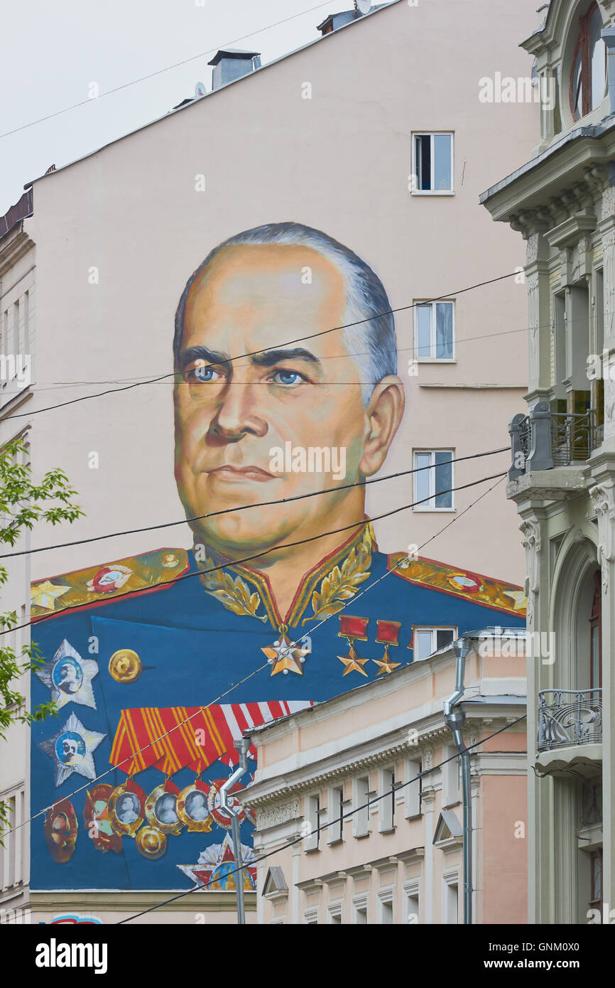 Mural of General Georgy Zhukov a World War Two hero Old Arbat street Moscow Russia Stock Photo