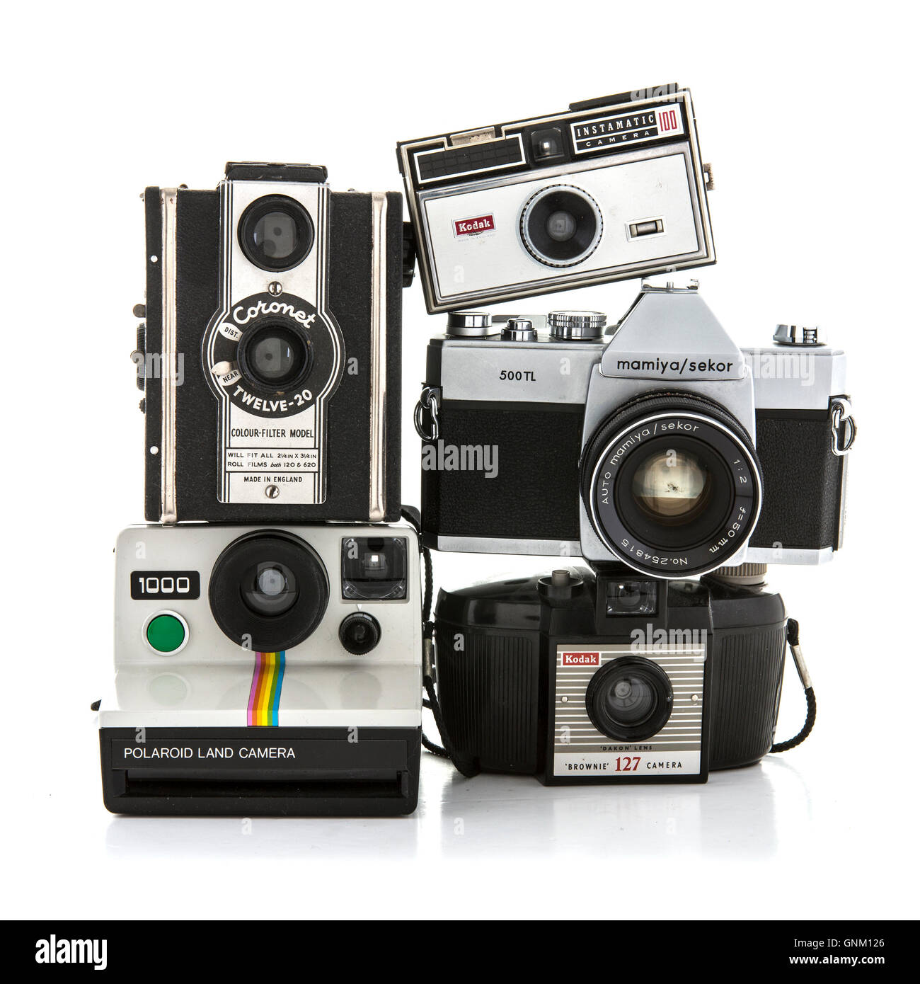 Collection of old cameras on a white background Stock Photo