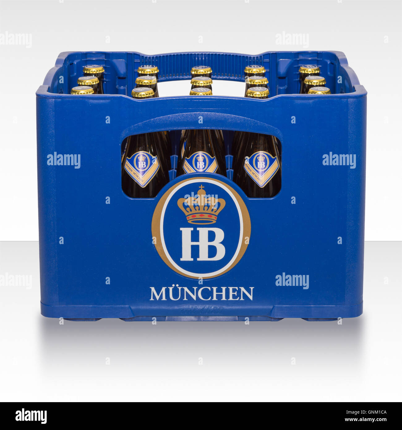 Plastic crate box case of traditional classic German beer from Bavarian brewery HB Munich. Stock Photo