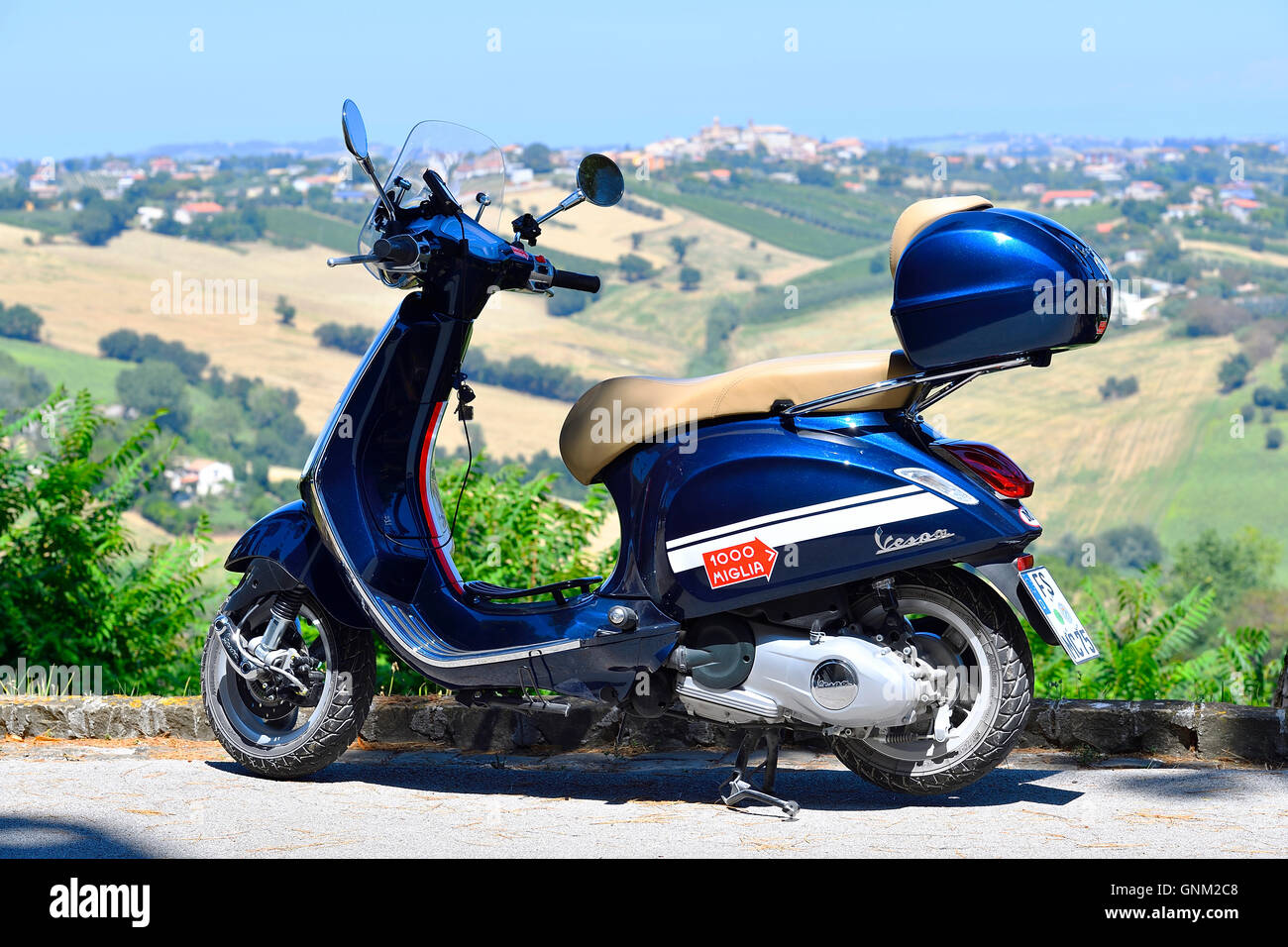 Scooter, Motorbike, Vespa, Primavera, 125ccm, Morro d´Alba, view to San  Marcello, Ancona, Marken, Italy, Europe Stock Photo - Alamy