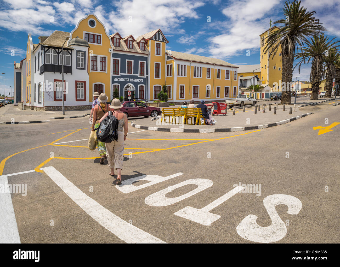 Tourists crossing the street in Walvis Bay, Namibia, Africa Stock Photo