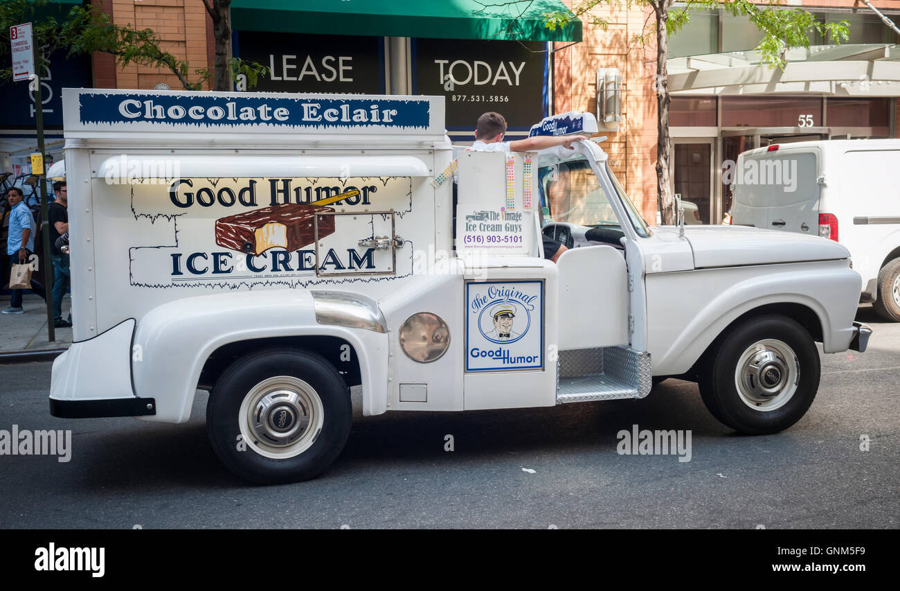 Vintage 1966 Ford Good Humor truck, hired for special events, travels through Chelsea in New York on Thursday, August 25, 2016. Good Humor is a brand of Unilever and not affiliated with this truck. (© Richard B. Levine) Stock Photo