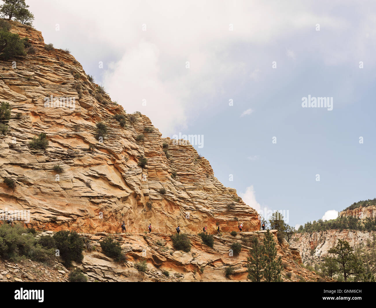 Hikers make their way up a mountain in Utah's Zion National Park Stock Photo