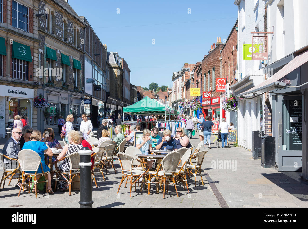 Winchester weekly market and street cafe, High Street, Winchester