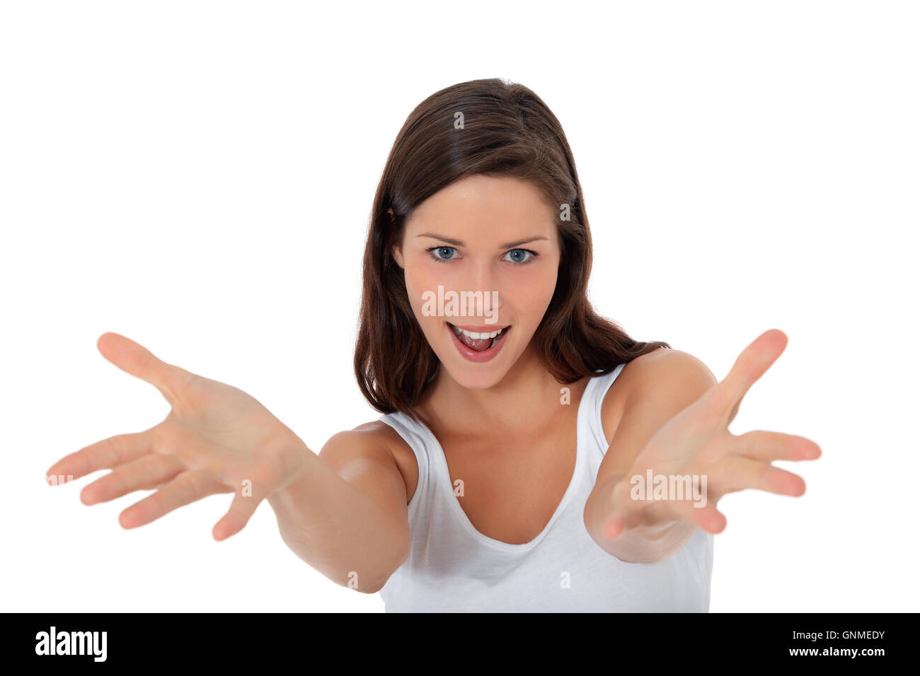 woman with welcoming gesture Stock Photo