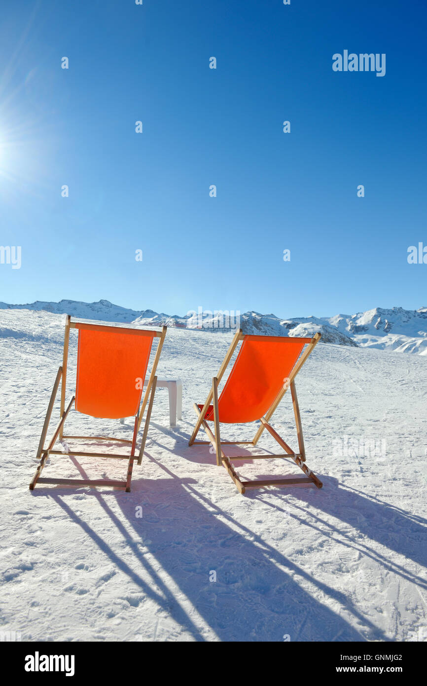 wooden chair on top of mountaint Stock Photo