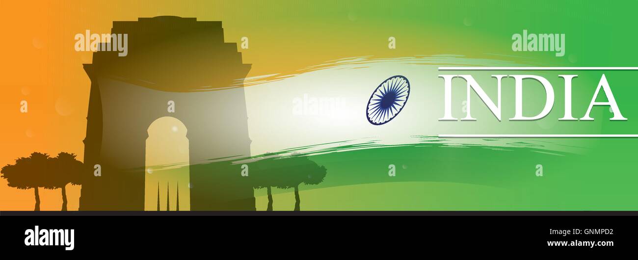 Colored background with text, the indian flag and a silhouette of the indian gate Stock Vector
