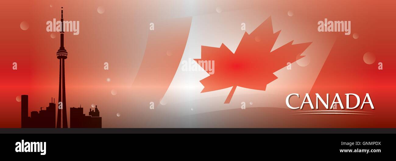 Colored banner with text, the canadian flag and a silhouette of a cityscape of toronto Stock Vector