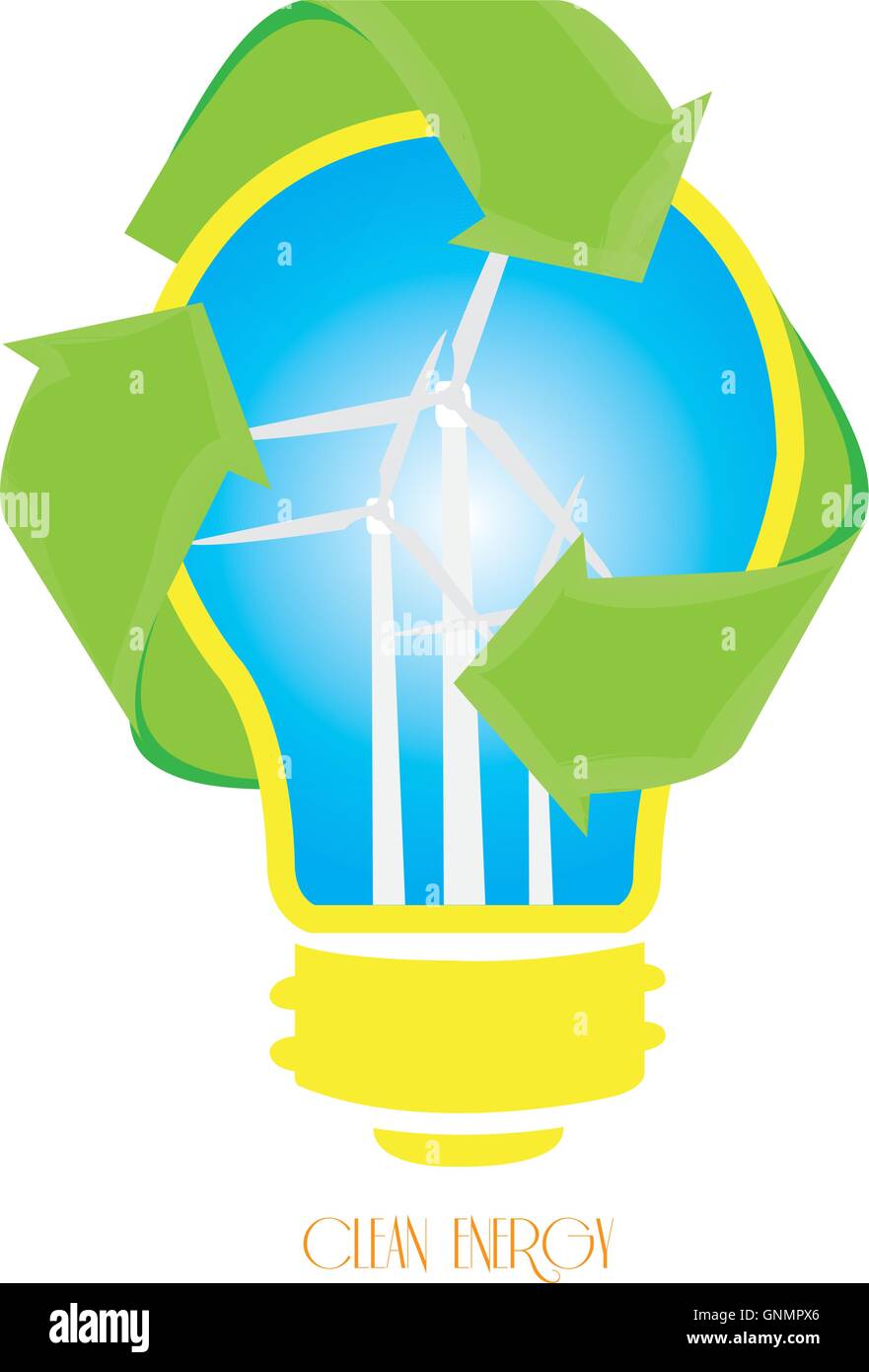 Isolated lightbulb with a recyclable symbol and some wind turbines Stock Vector