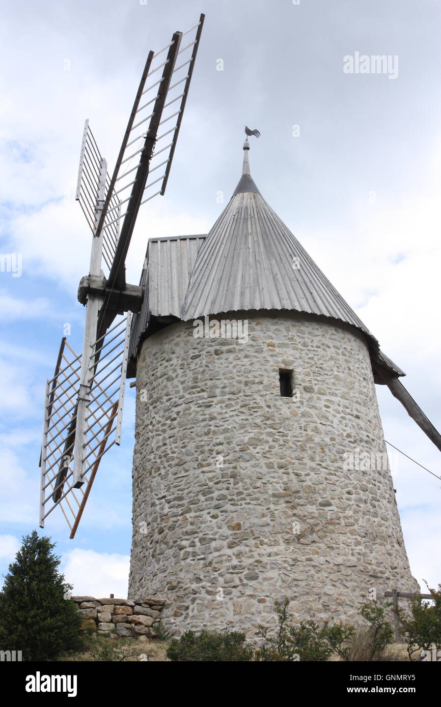windmill in the village of cucugnan, roussillon, france Stock Photo