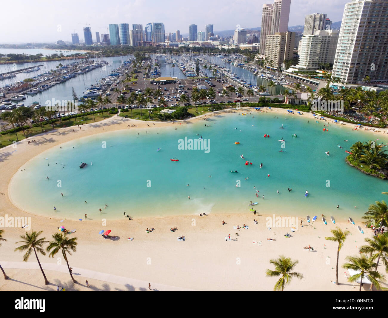 Aerial view of a beach lagoon on Oahu near Waikiki Beach in Honolulu ...