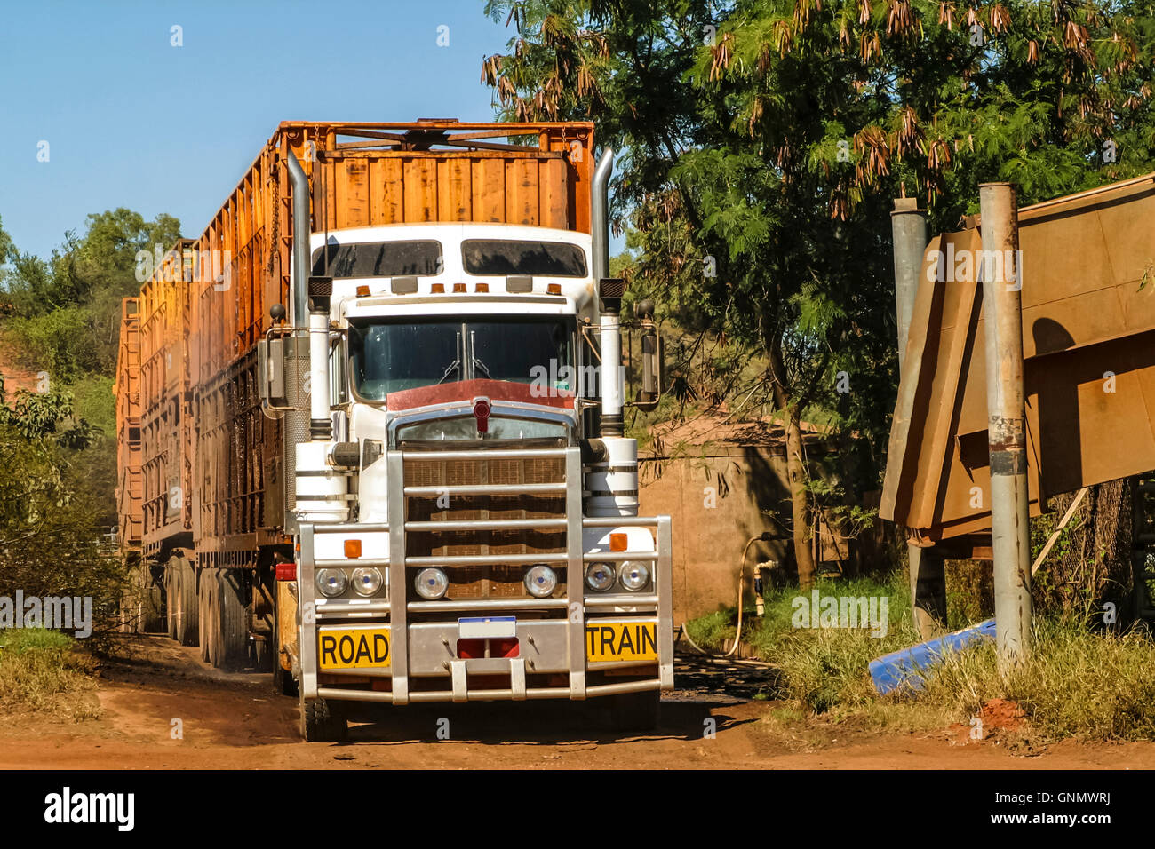 Road train waiting for cattle to be loaded. at Broome in Western Australia Stock Photo
