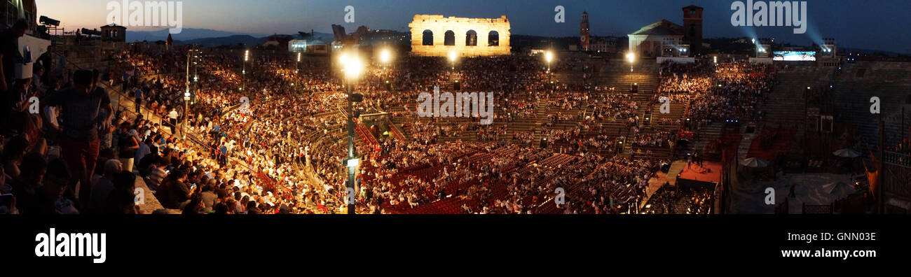 Panorama view inside Roman Amphitheatre 'Arena' before opera performance, Verona, Italy Stock Photo