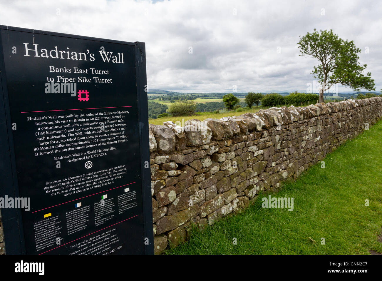 Cumbria, England, UK.  Information Sign at   Banks East Turret, Hadrian's Wall. Stock Photo