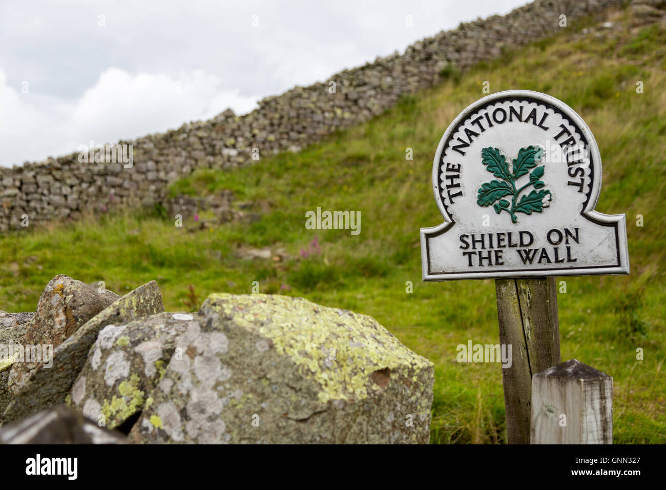 Northumberland,  England, UK.  Trail Sign Marking Milecastle 33 on Hadrian's Wall. Stock Photo
