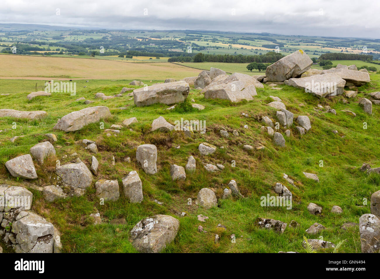 Northumberland, England, UK.  Stone Blocks at Limestone Corner, near Milecastle 30, Hadrian's Wall Footpath.. Stock Photo