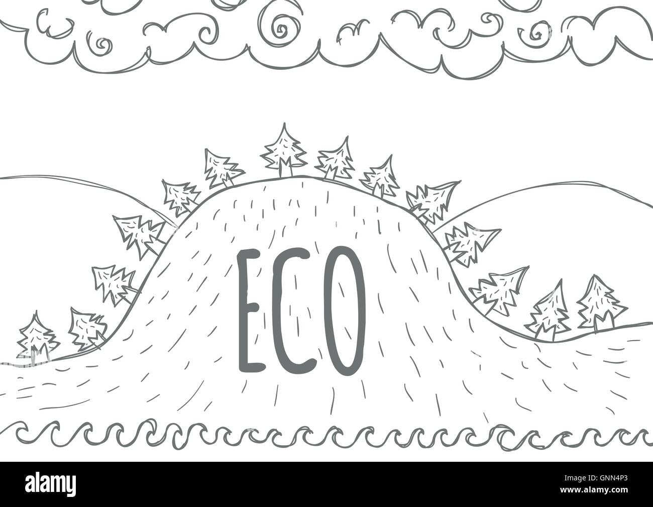 Doodle drawing of hill, with trees on it. You can also see waves at the bottom, clouds and text that says ECO. Stock Vector