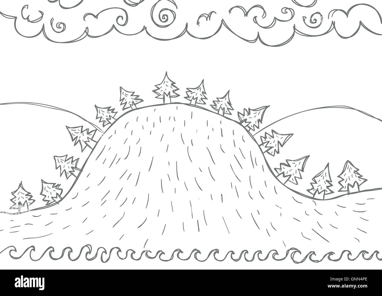 Doodle drawing of hill, with trees on it. You can also see waves at the bottom, and clouds at the top Stock Vector