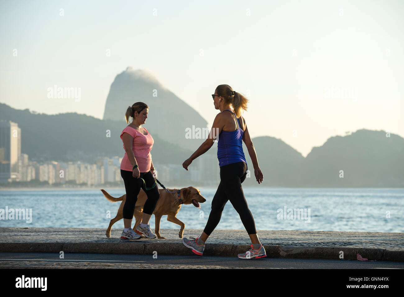 RIO DE JANEIRO - APRIL 3, 2016: Carioca Brazilian fitness walker passes another woman walking her dog at Copacabana. Stock Photo