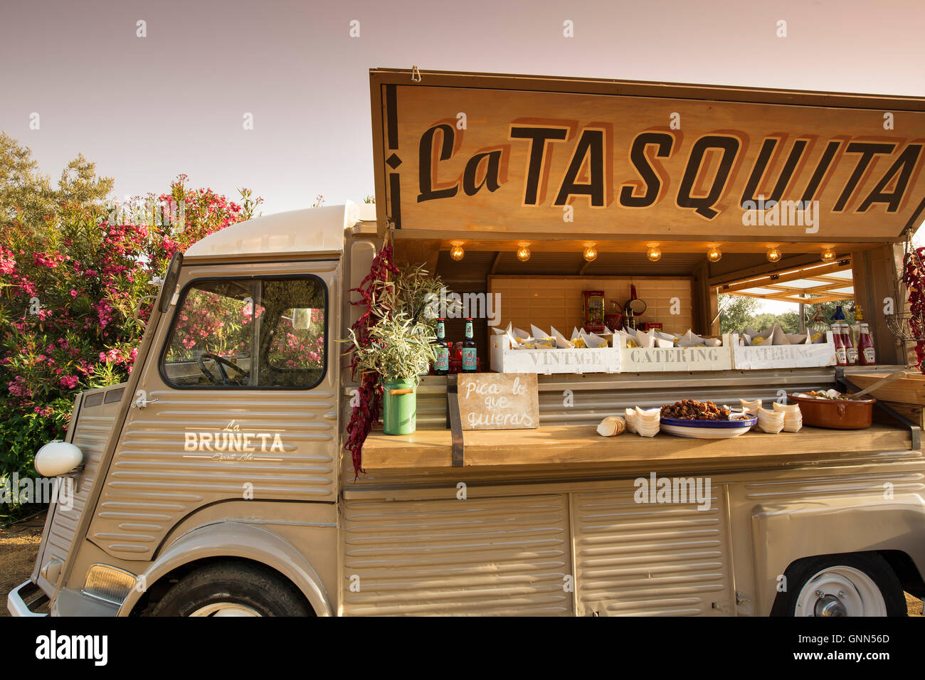 Gastronomy food truck. Wedding ceremony in a traditional andalusian farmhouse. Antequera, Malaga province. Andalusia southern Sp Stock Photo