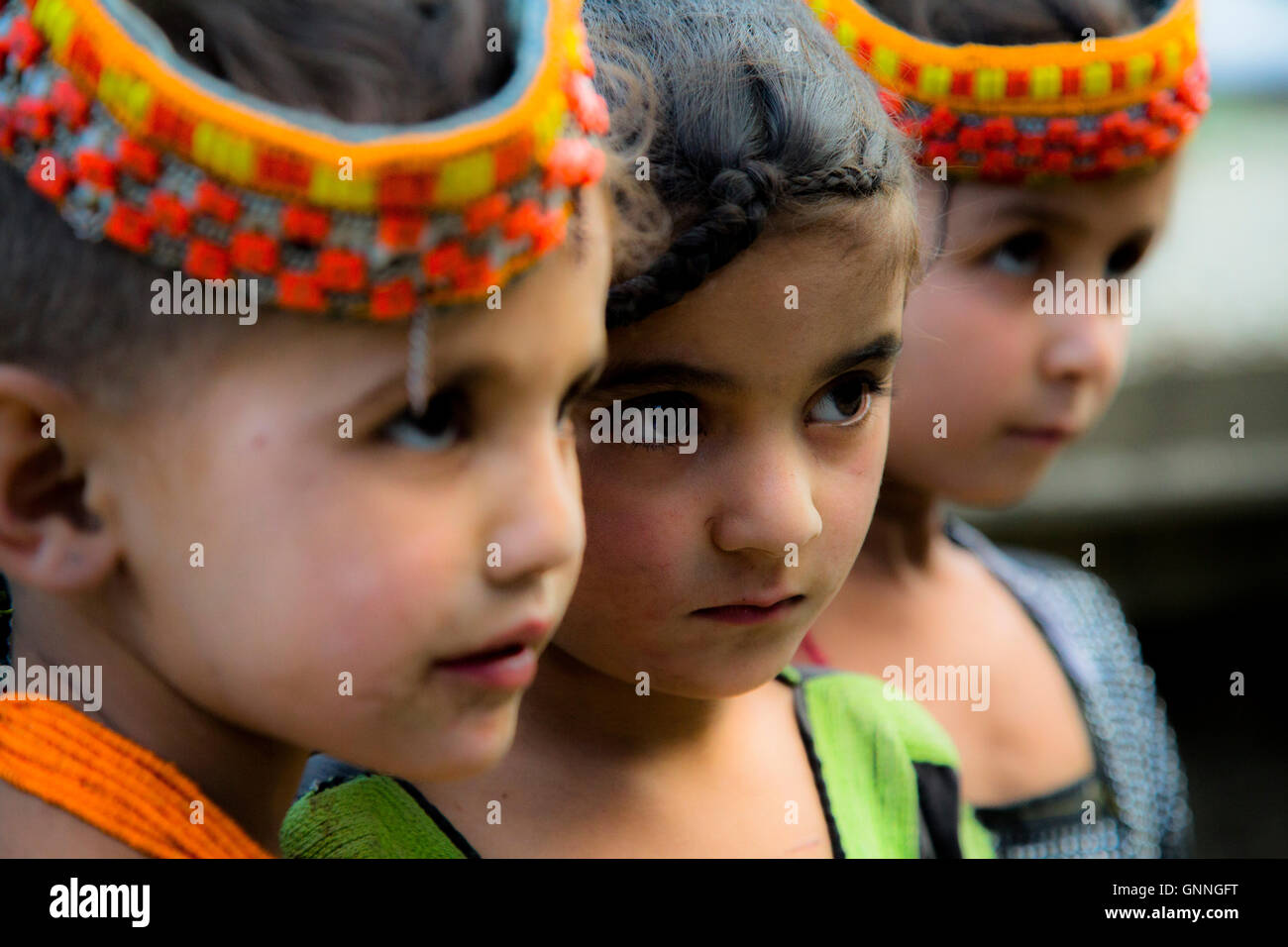 Beautiful Kalasha children in a small village in Kalash Valley, Chitral, Pakistan. Stock Photo