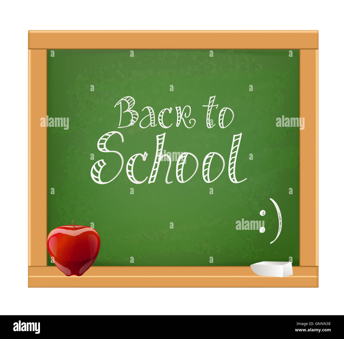 back to school message on wooden chalkboard with red apple and chalk Stock Photo