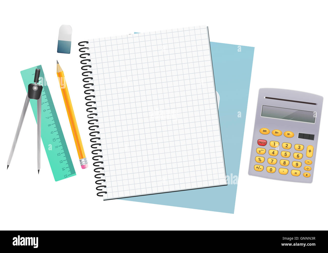 maths notebook sheet paper background with ruler, pencil, eraser and calculator Stock Photo