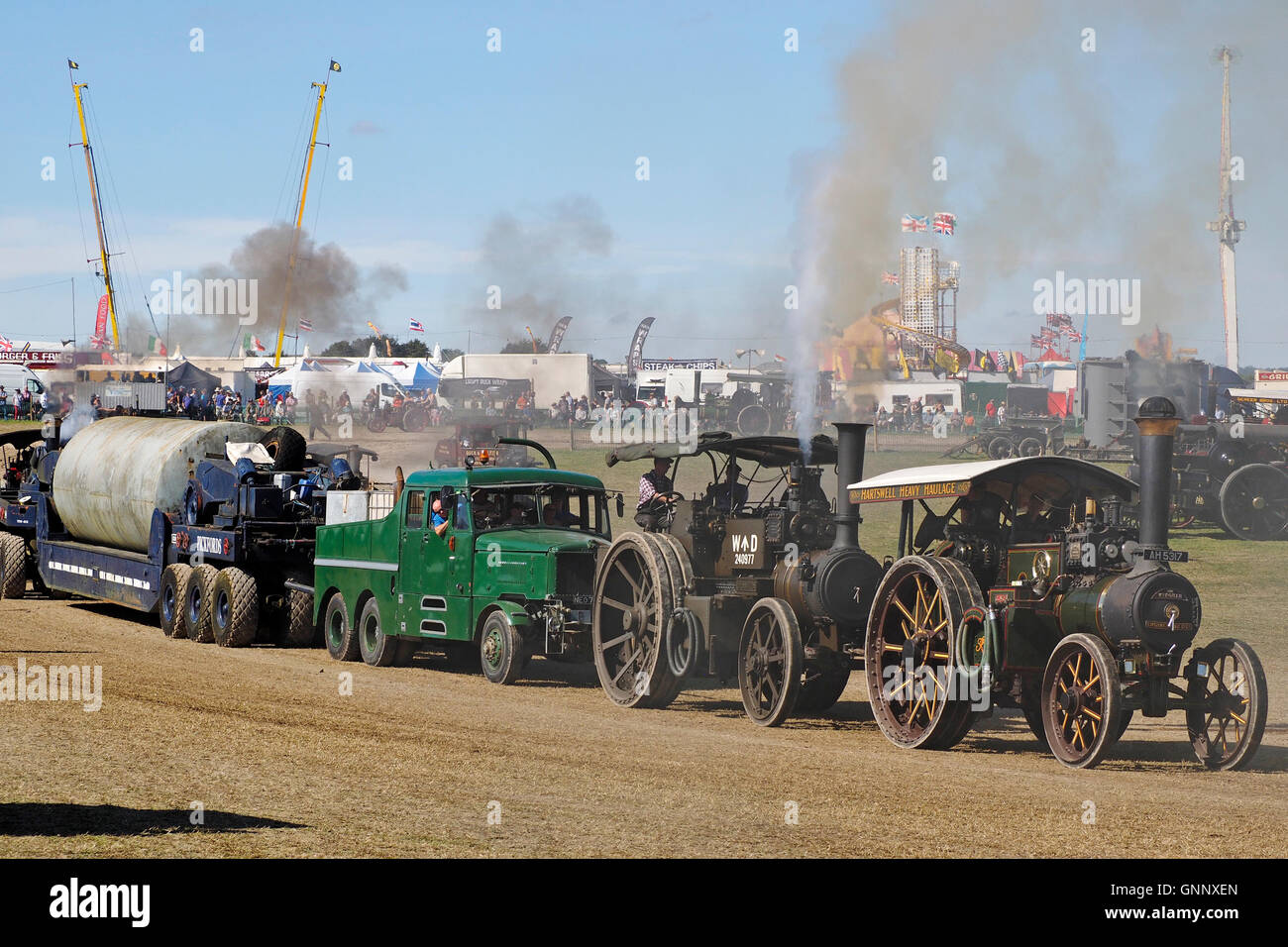 Demonstration of heavy haulage by steam traction engines at the Great Dorset Steam Fair 2016 Stock Photo