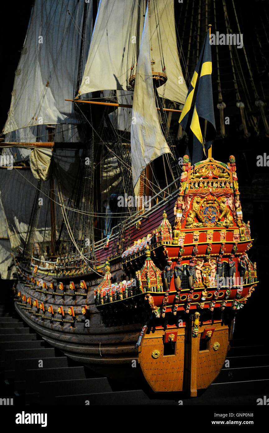Warship Vasa. Built between 1626-1628. Scale 1:10. Ten sails set. It is 6.93 m long and 4.75 m high. The stern. Stockholm. Sweden. Vasa Museum. Stock Photo