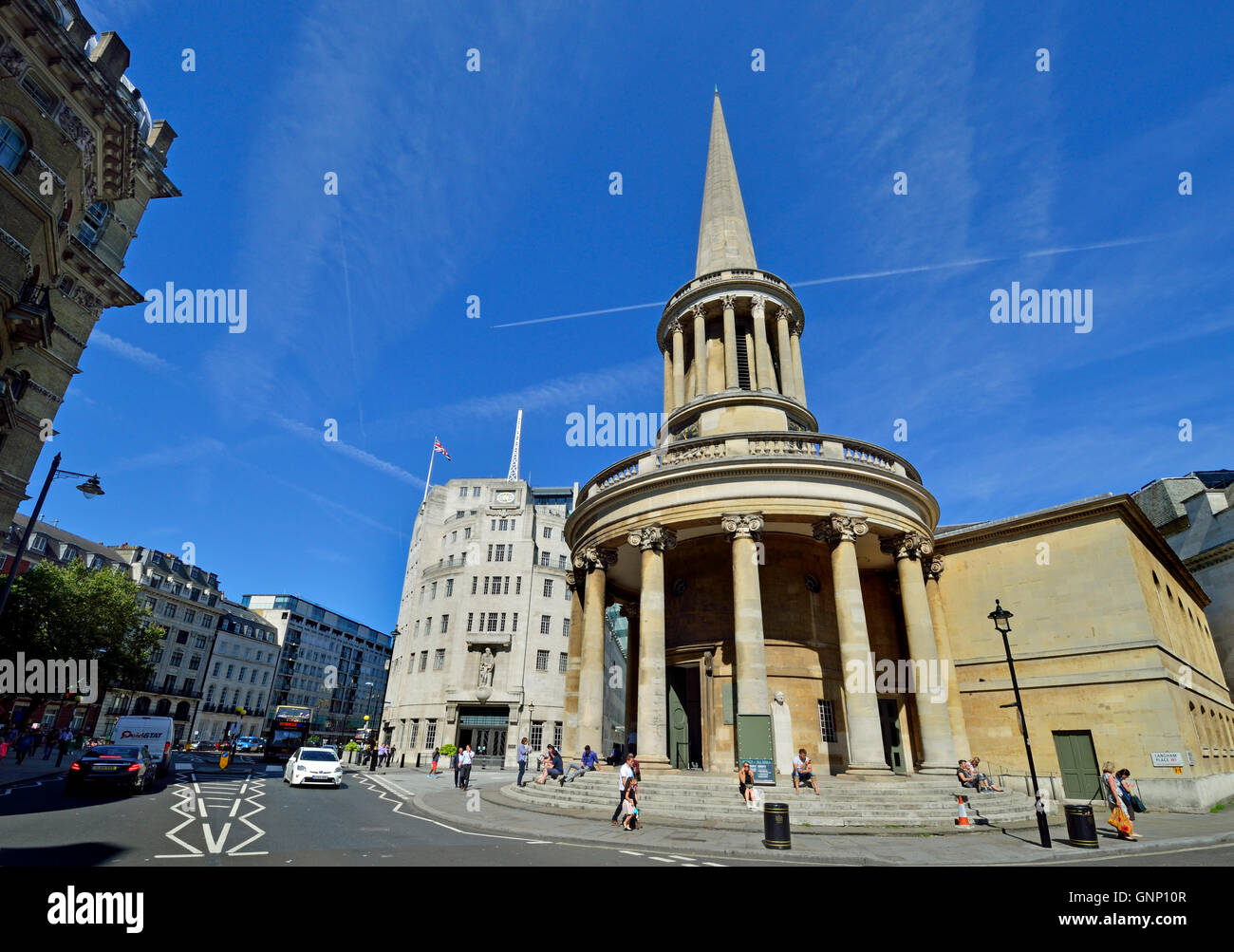 London, England, UK. All Souls Church and BBC Broadcasting House in ...