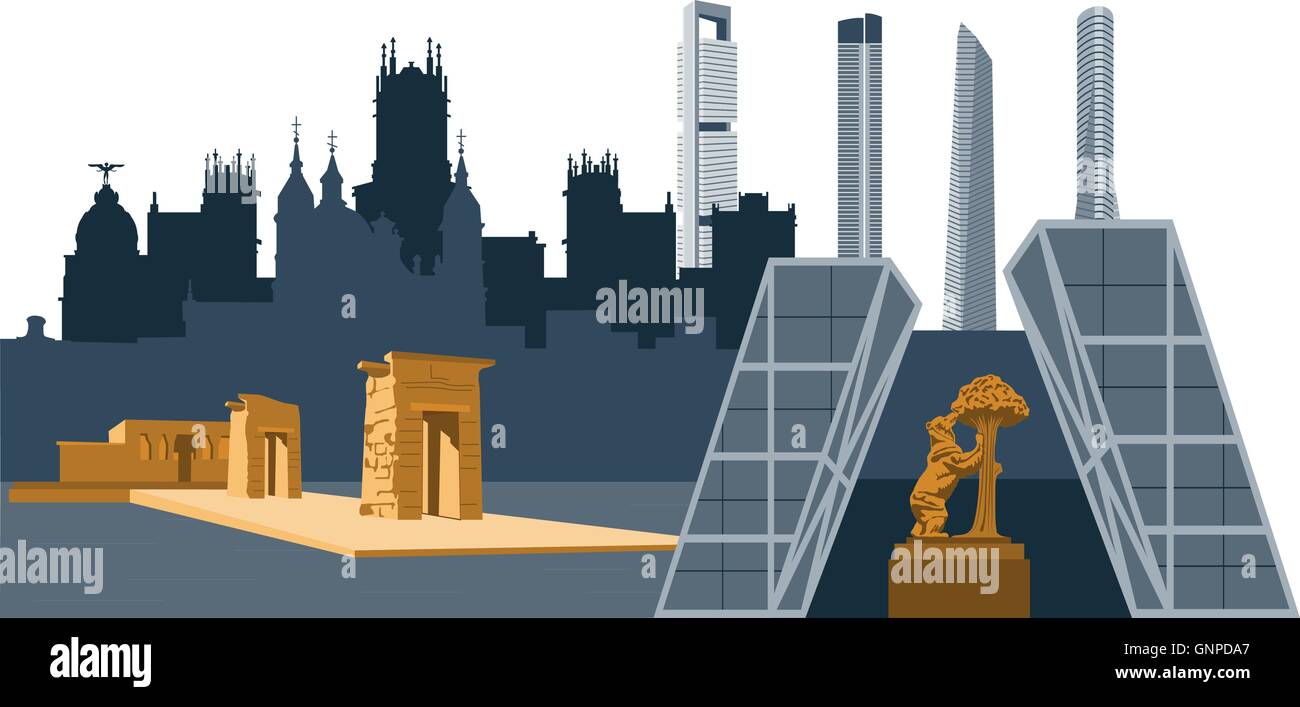 Madrid city landmarks and skyscrapers vector illustration. Cibeles palace, Bear and strawberry tree, Debod egyptian temple, Cuat Stock Vector
