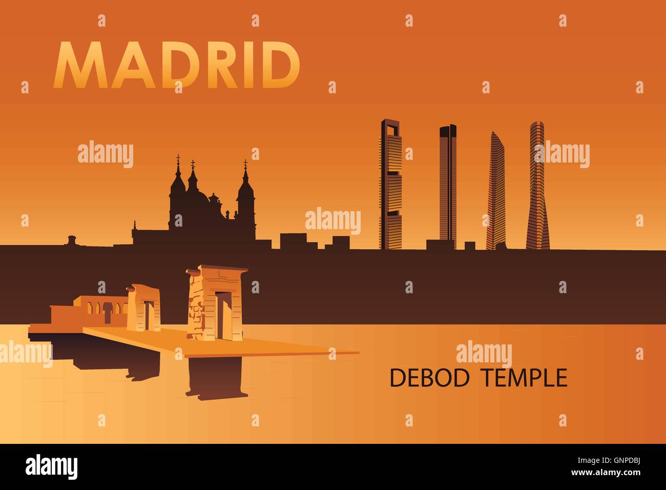 Madrid city landmarks at night vector illustration. Debod egyptian temple. Stock Vector