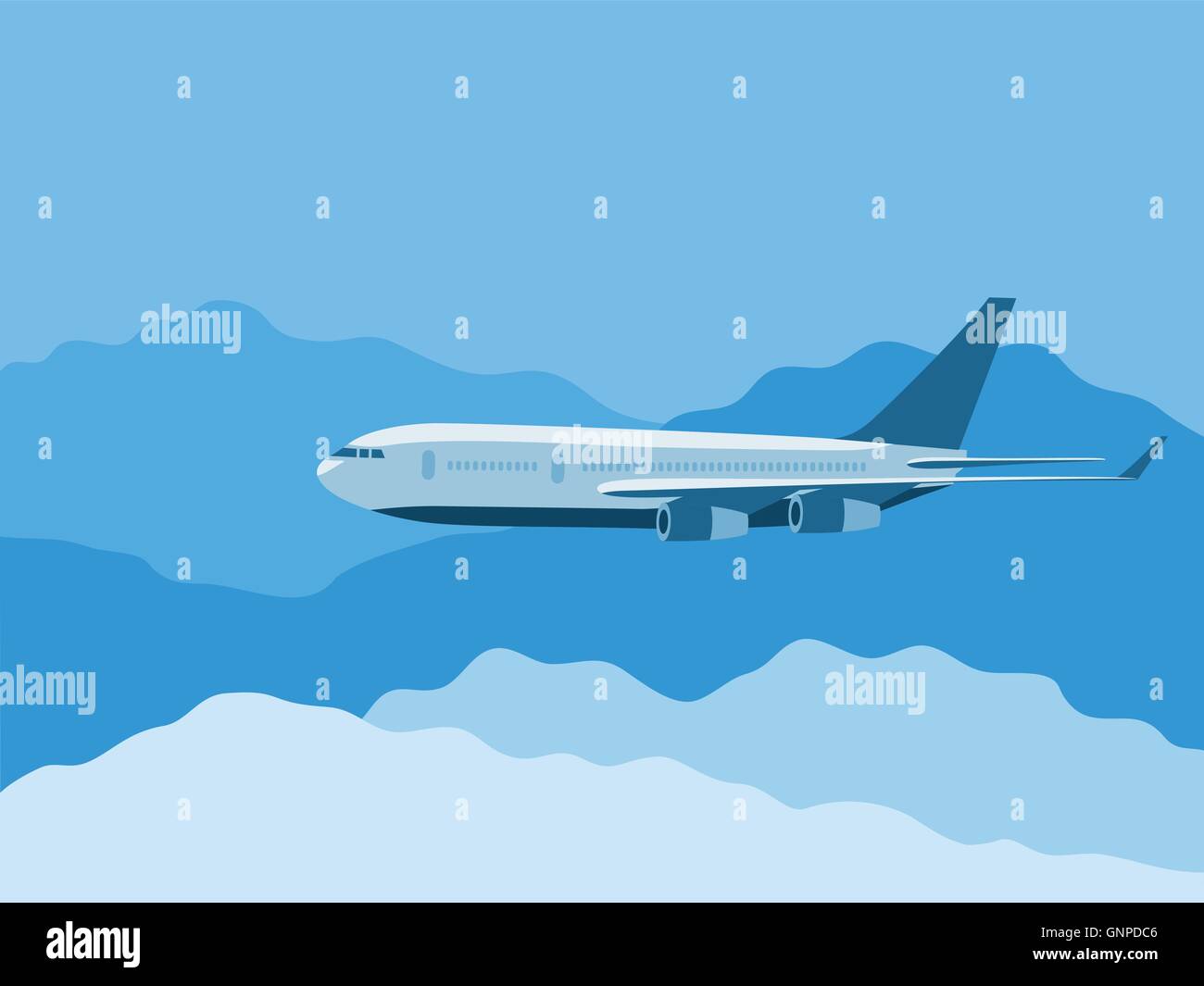 Big passenger's plane fly thru the clouds vector illustration Stock Vector