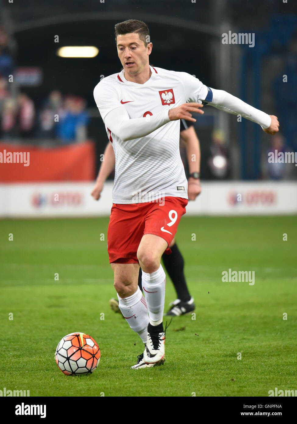 POZNAN, POLAND - MARCH 23, 2016: Robert Lewandowski in action during International Football friendly match Poland vs Serbia 1:0. Stock Photo