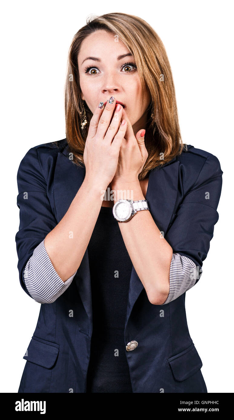 Young surprised woman isolated on white background Stock Photo - Alamy