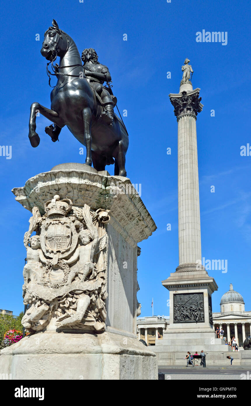 London, England, UK. Trafalgar Square. Nelson's column, National Gallery and statue of Charles I Stock Photo