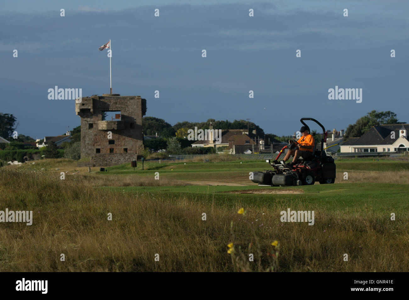 Golf course maintenance being undertaken at the Royal Jersey Golf Club,Jersey,Channel Islands Stock Photo