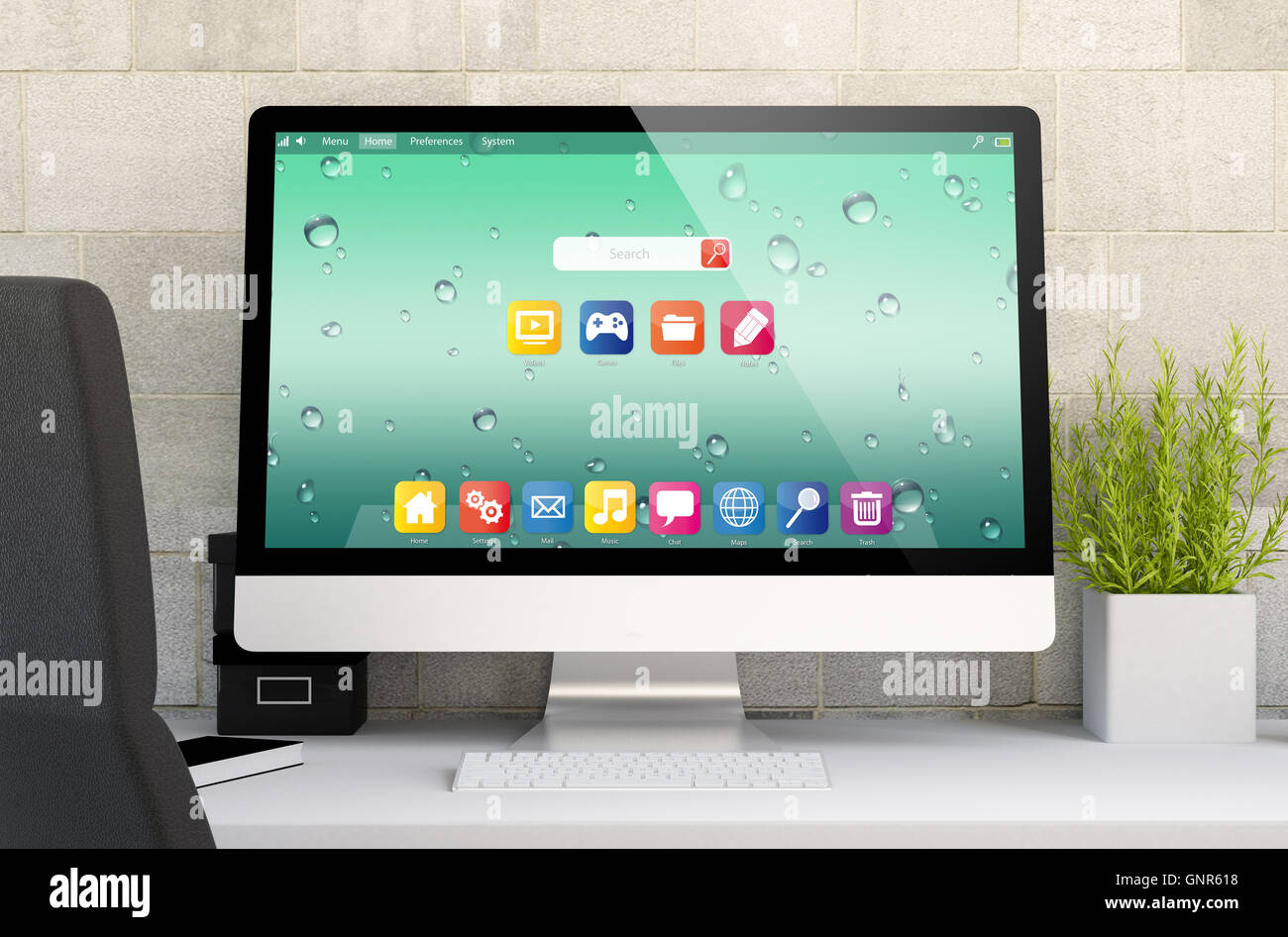 3d rendering of workspace with computer. All screen graphics are made ...