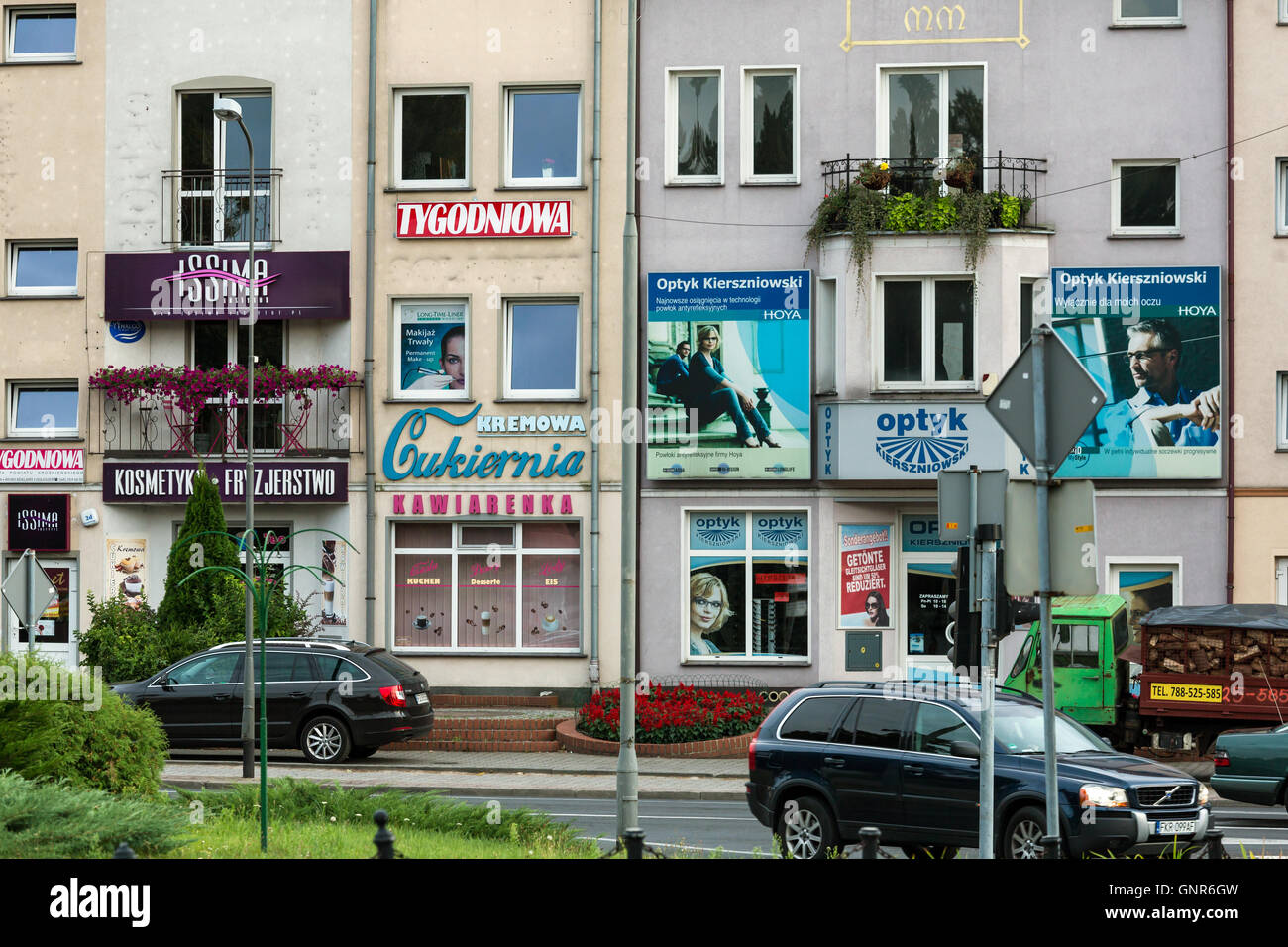 Gubin, Poland, many small shops on a main road Stock Photo